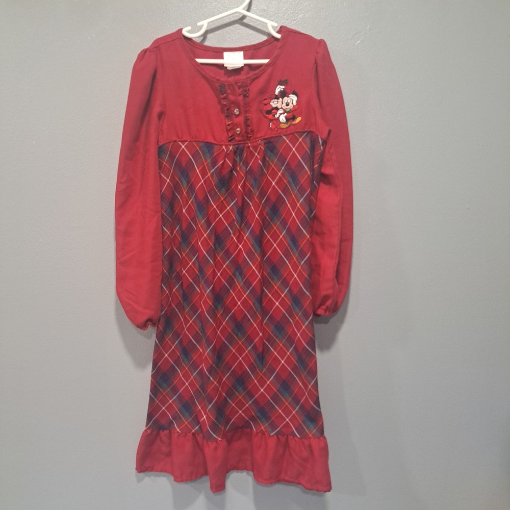 Disney Store Girls Red Plaid Mickey Minnie Christmas Nightgown 7/8 Holiday Cozy